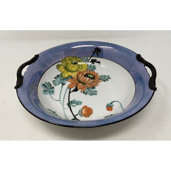 NORITAKE MORIMURA TWO HANDLED SERVING BOWL Floral Art Deco Blue Luster Ware - Picture 4 of 15